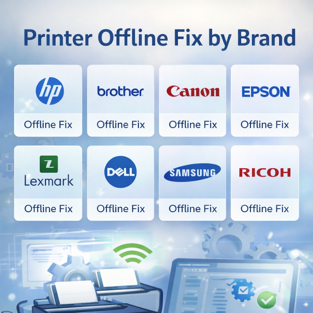 Printer Offline Fix by Brand showing HP, Brother, Canon, Epson, Lexmark, Dell, Samsung and Ricoh printer offline support
